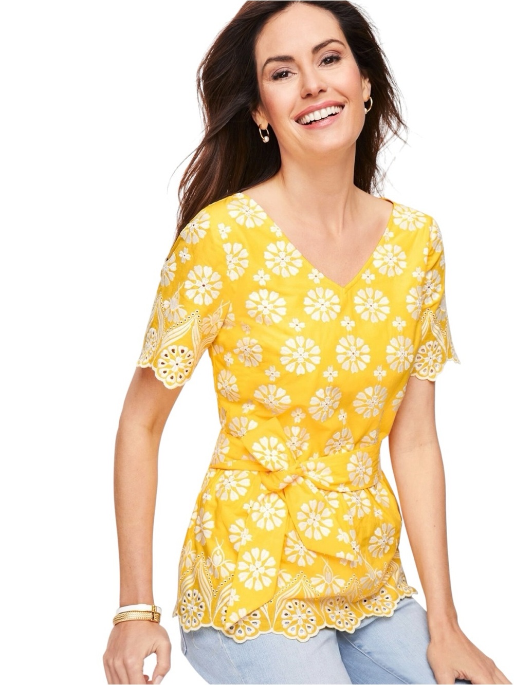 Talbots Women’s bright Yellow Eyelet lace Tie-Waist V-Neck peplum Top size 8